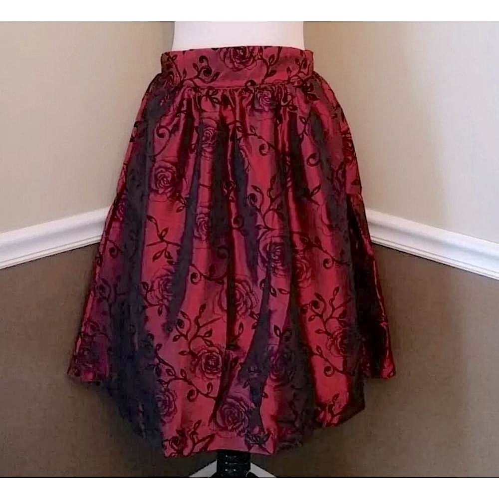 Deep Red Satin Midi Skirt w Black Velvet Roses Full Pleated Whimsigoth Holiday